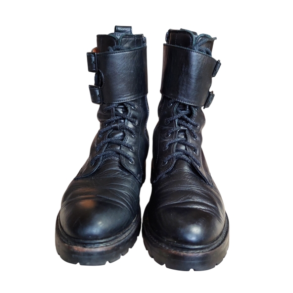 Frye Julie Biker Engineer Black Leather Lace-up Lug Sole Boots - Picture 3 of 15